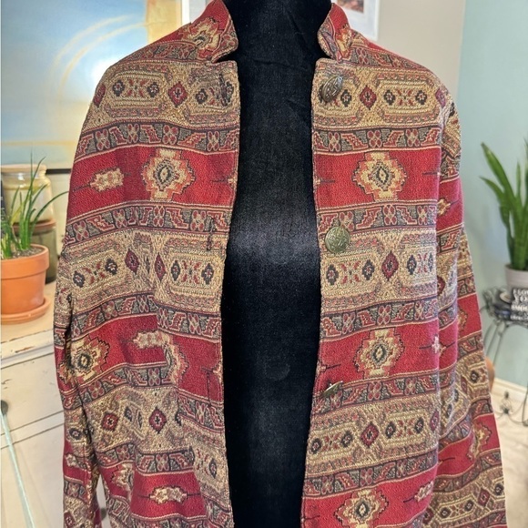 Vintage Tapestry Jacket Krista Koeppe M Cotton Red Gold Button Front Grannycore - Picture 4 of 7
